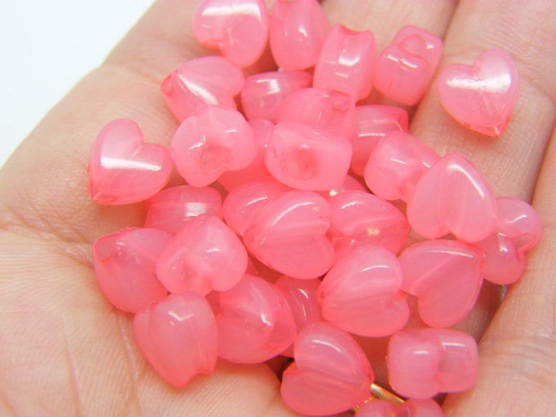 100 Pink imitation jelly heart beads plastic AB815