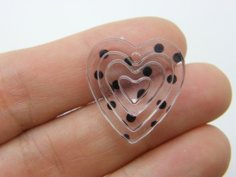 12 Heart pendants black polka dot clear acrylic H329