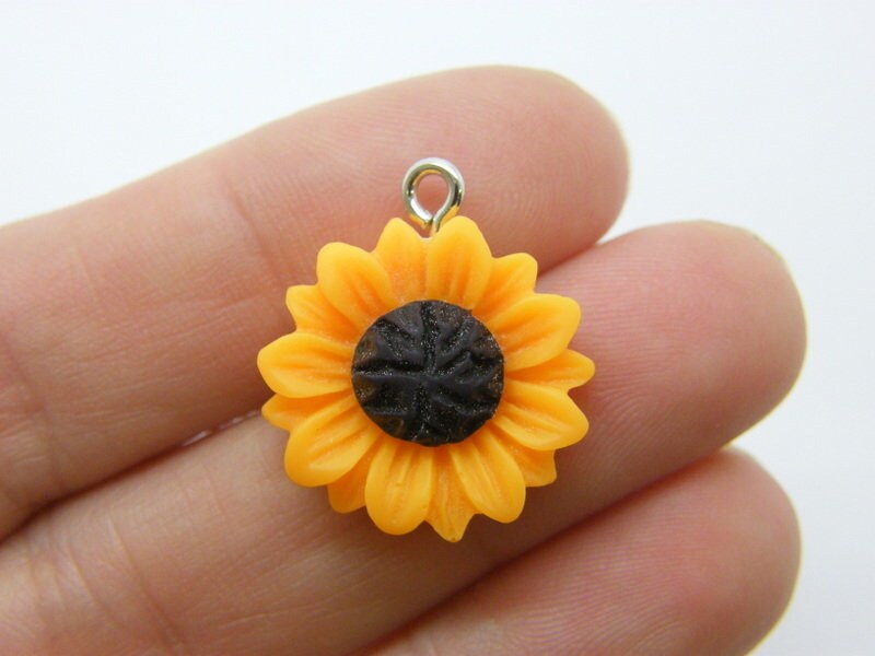 4 Sunflower flower charms orange brown resin F282