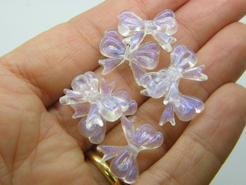 30 Bow beads clear glitter transparent acrylic BB753