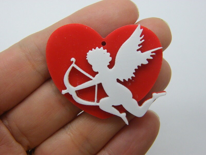 2 Heart cupid pendants red white acrylic H65