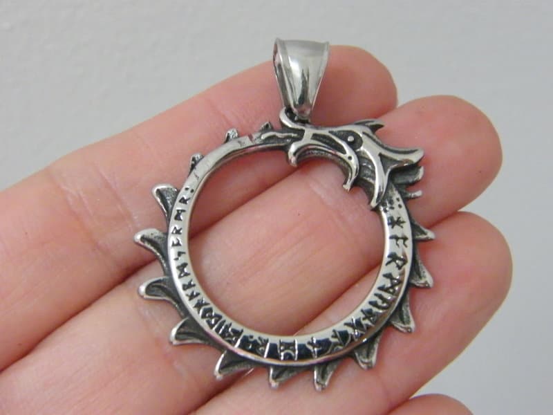 1 Dragon runes pendant antique silver tone stainless steel A1253