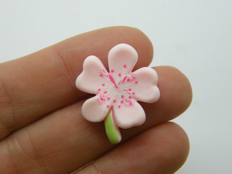 8 Flower blossom embellishment cabochons white pink green resin F769