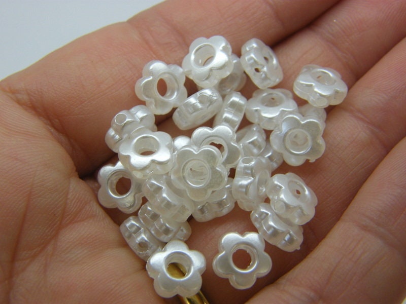 120 Flower beads silvery pearl acrylic AB752  - SALE 50% OFF