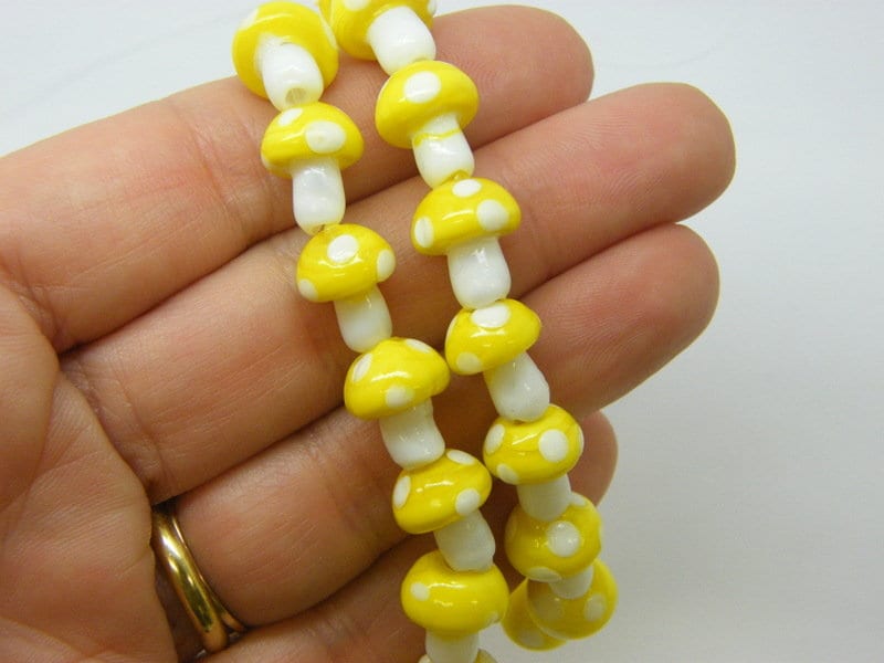22 Mushroom beads yellow and white glass L