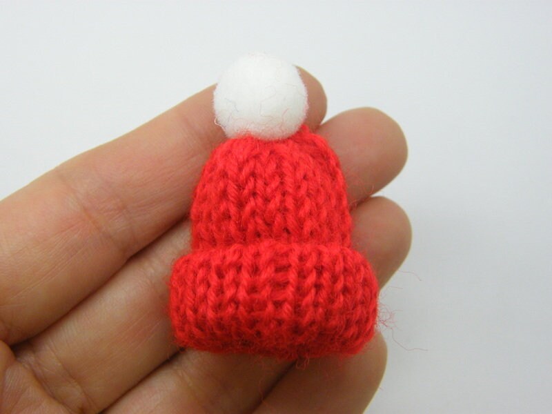 4 Knitted hat toques embellishment miniature red and white CA
