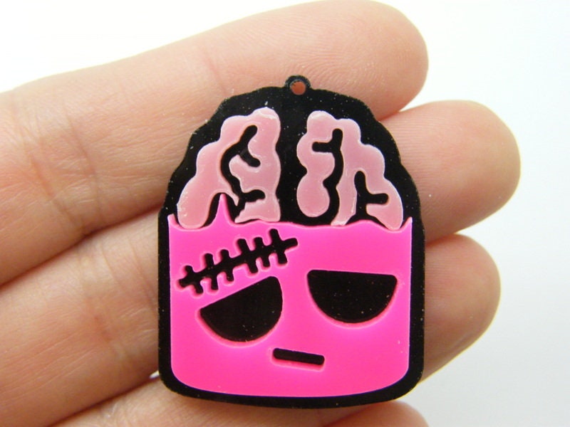 2 Brain pendants neon pink and black acrylic HC1015