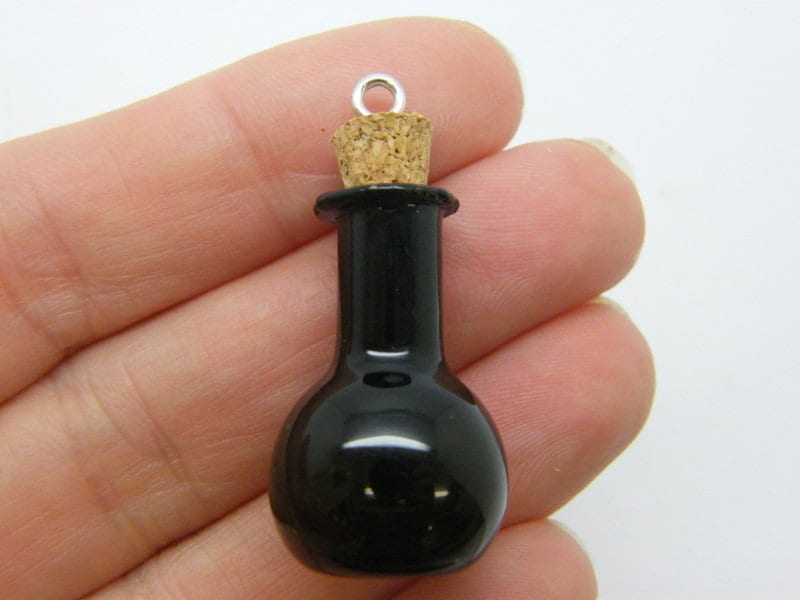2 Black glass bottles with corks pendants M229
