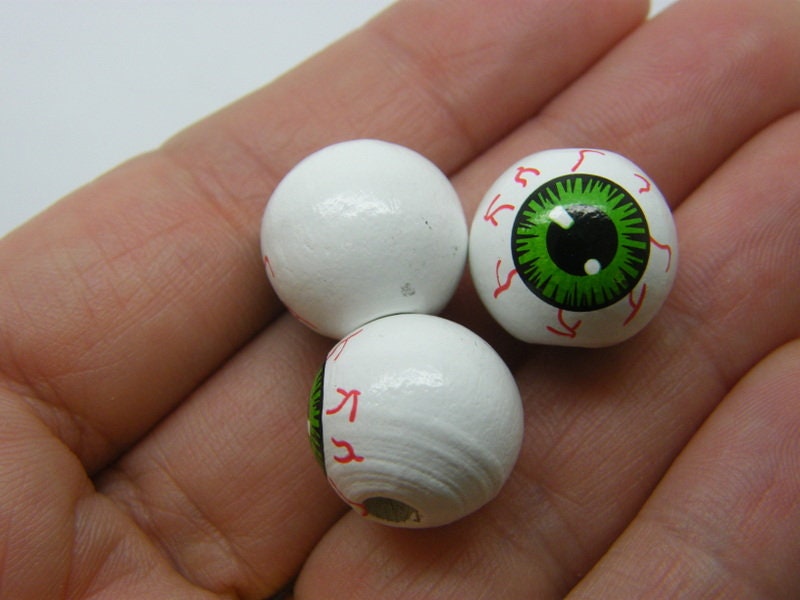 8 Eye ball Halloween beads white green wood HC...