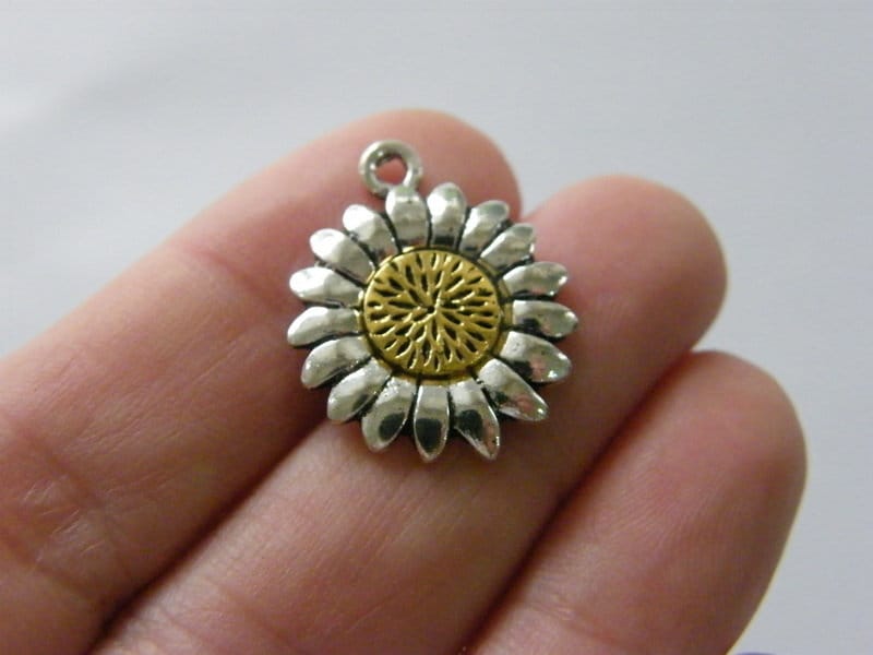 4 Sunflower flower charms antique gold and silver tone F212