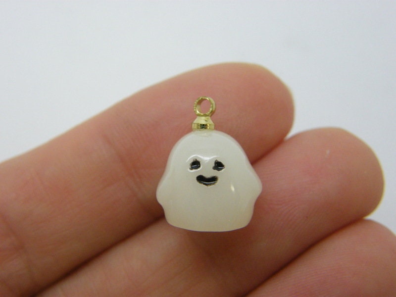 2 Ghost charms creamy white resin gold bail HC1081