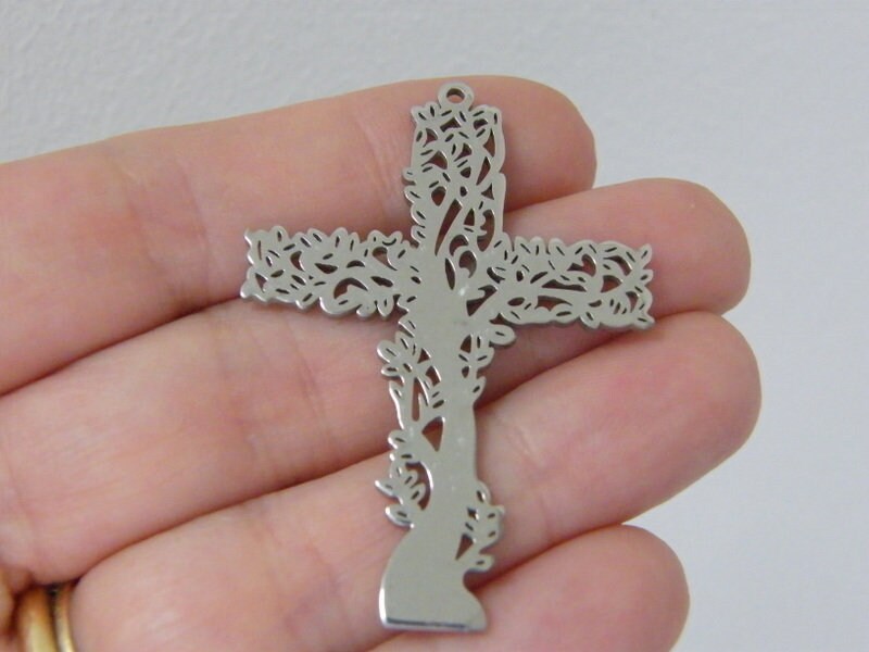 1 Tree cross pendant silver tone stainless steel C116