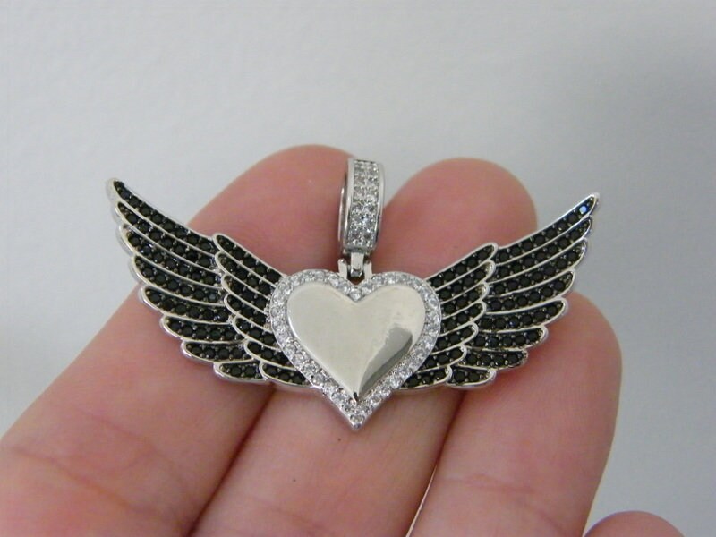 1 Angel wings heart pendant rhinestone silver tone AW130