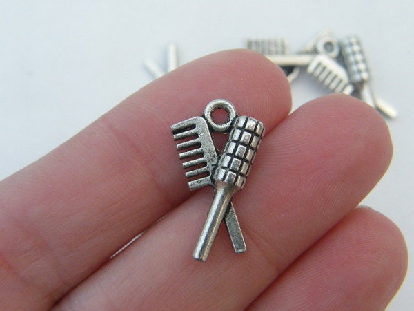 12 Hair brush and comb charms antique silver tone P219