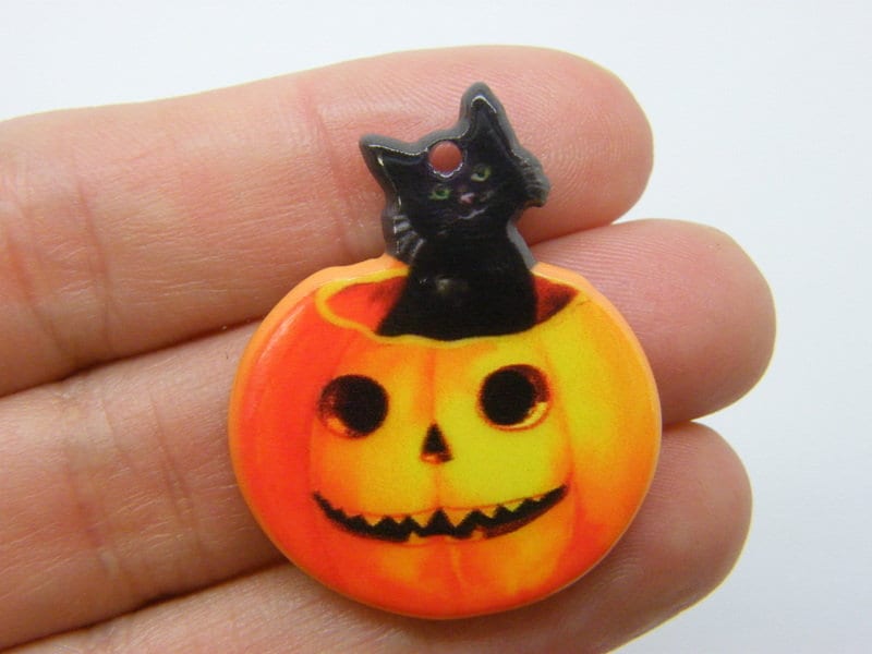2 Pumpkin cat pendants acrylic HC1044