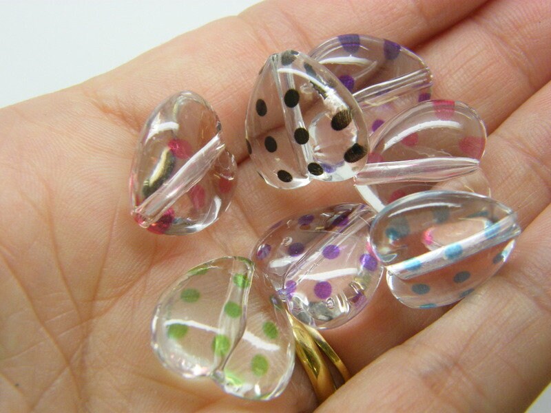 10 Polka dot heart beads random mixed clear transparent acrylic AB840