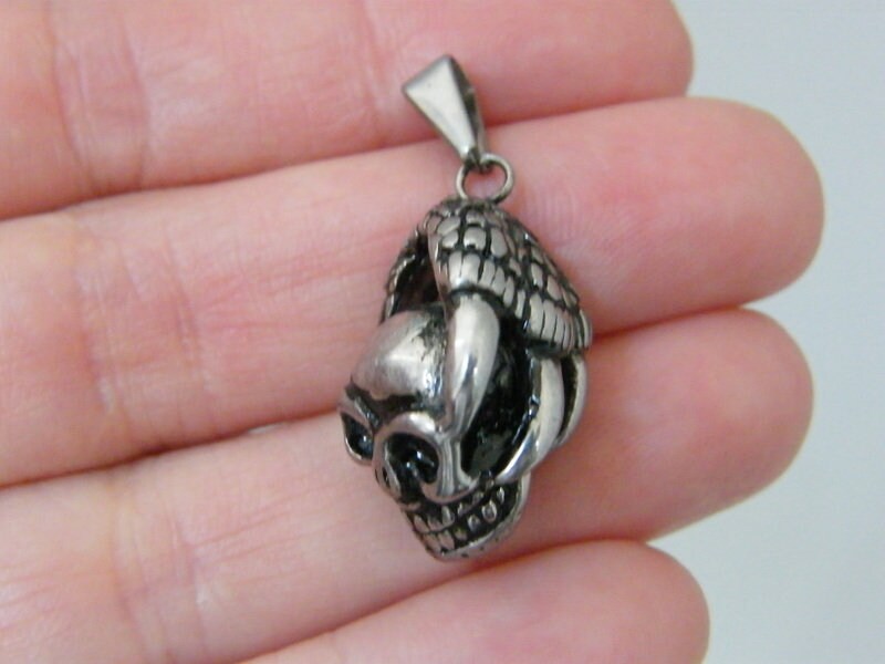 1 Skull dragon claw charm antique silver tone stainless steel HC36