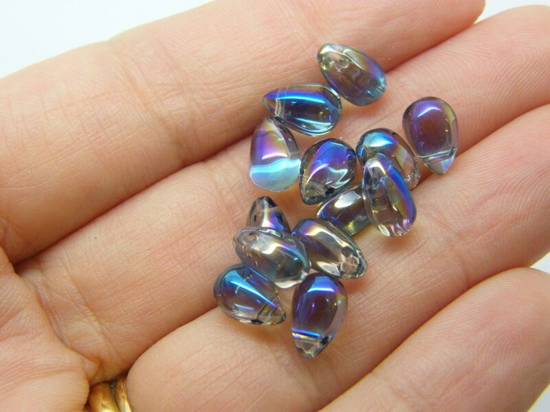 20 Mermaid tear dark slate blue AB glass beads FF83