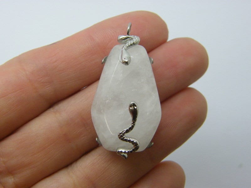1 Snake pendant natural quartz crystal silver tone stainless steel A663