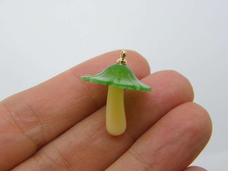 1 Mushroom pendant green plastic gold bail L195