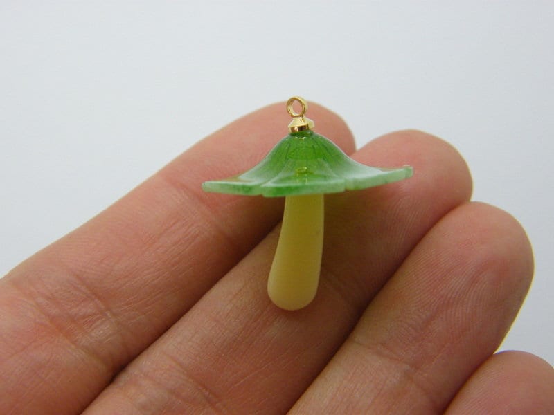 1 Mushroom pendant green plastic gold bail L46