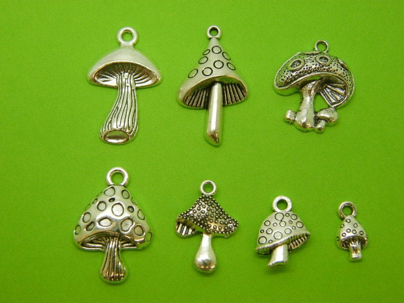 The Mushroom Collection - 7 different antique silver tone charms