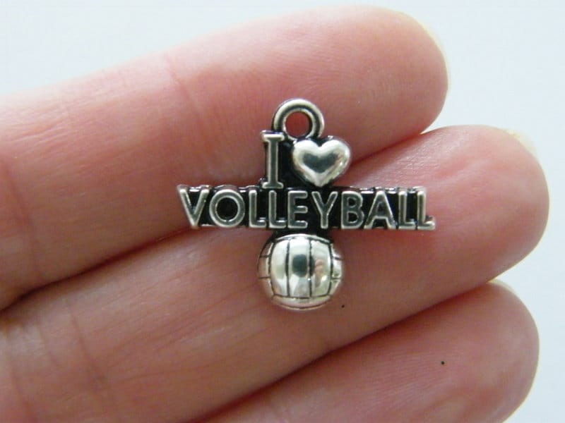 10 I love volleyball charms antique silver tone SP33