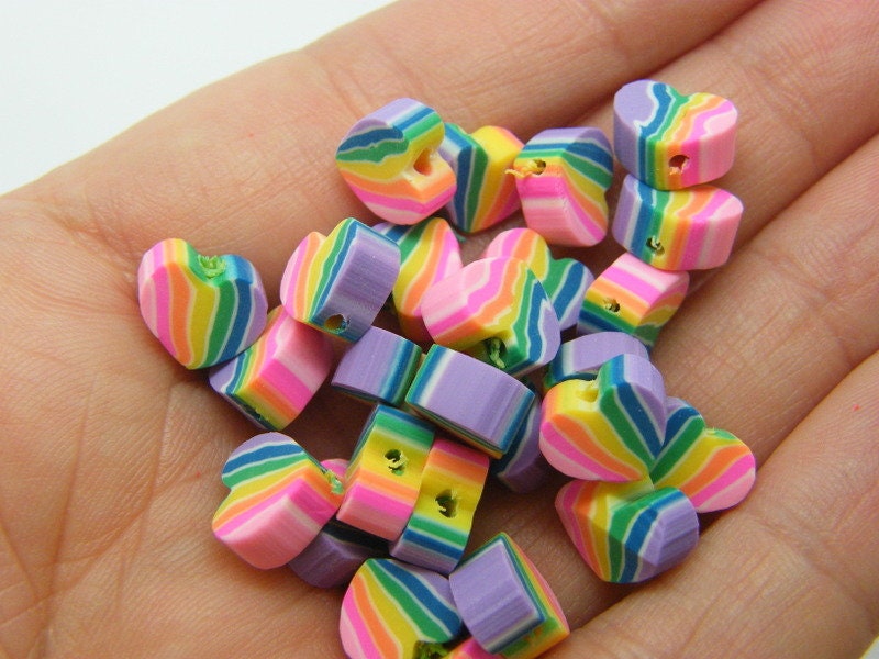 30 Rainbow heart beads polymer clay AB864 - SALE 50% OFF