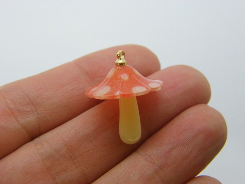 1 Mushroom pendant red plastic gold bail L379