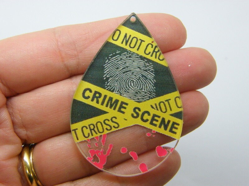2 Crime scene tape fingerprint bloody hand prints pendants black white red yellow acrylic HC274