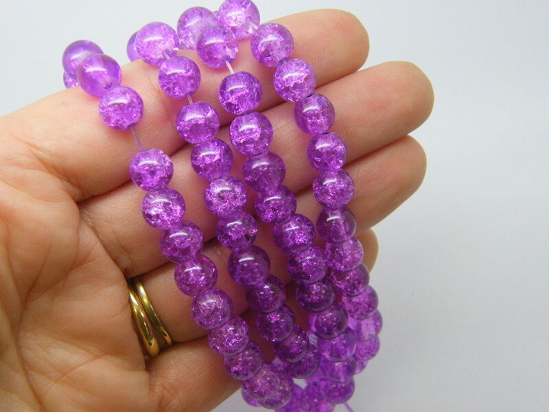100 Magenta purple  crackle round beads 8mm glass B30 - SALE 50% OFF