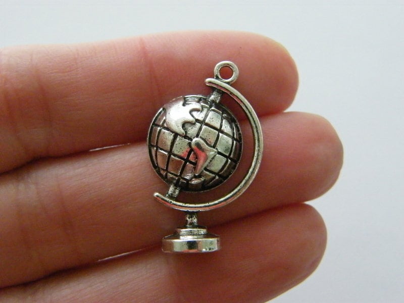 4 Globe world map charms antique silver tone WT24