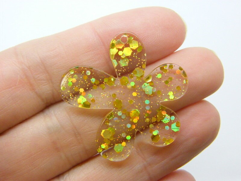 8 Flower pendants gold glitter sequins clear acrylic F337