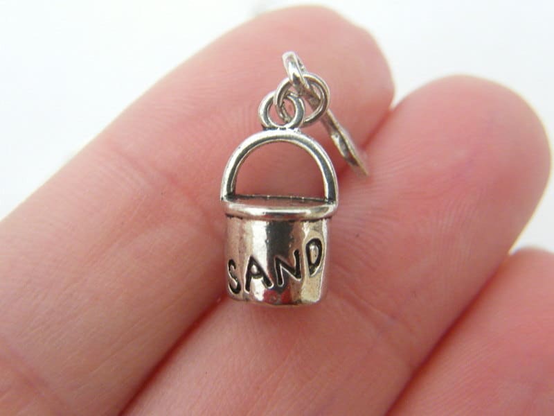 BULK 20 Bucket sand and spade charms antique silver tone FF554
