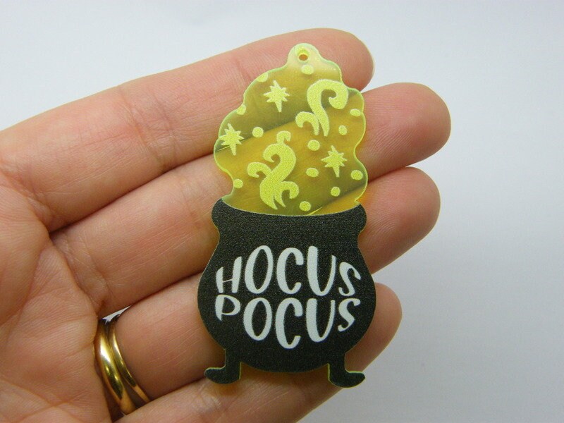 2 Cauldron Hocus Pocus pendants neon yellow black acrylic HC152