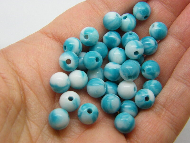 100 Marbled beads 8mm turquoise blue white acrylic AB871