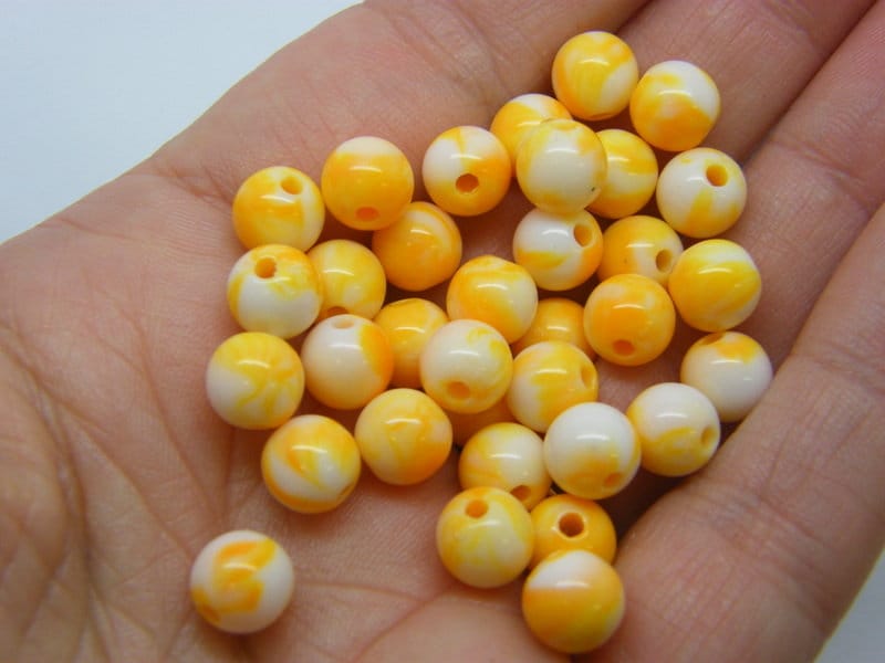 100 Marbled beads 8mm orange white acrylic AB866 - SALE 50% OFF