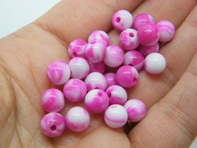 100 Marbled beads 8mm fuchsia pink white acrylic AB869 - SALE 50% OFF