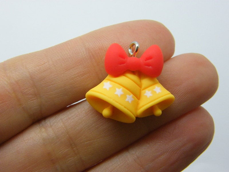 4 Christmas bells charms yellow white red resin CT203