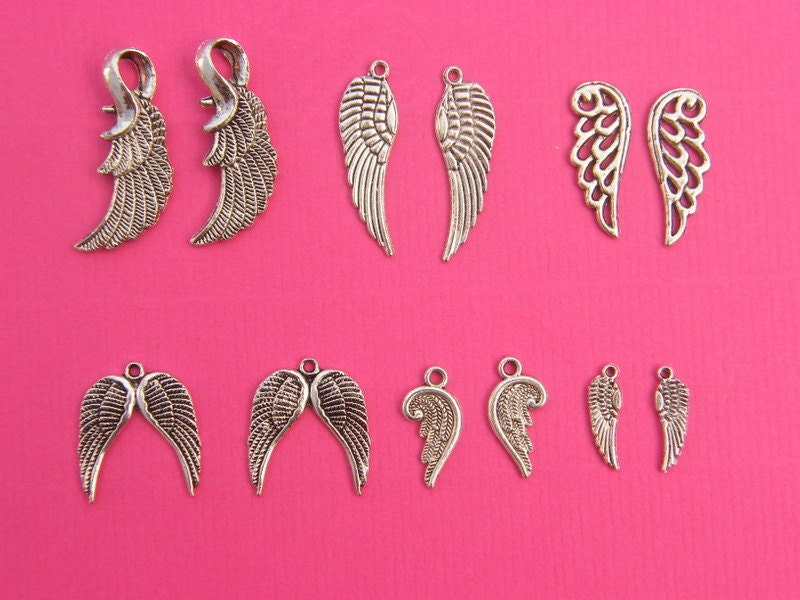 The Wing Charms Collection - 12 antique silver tone charms