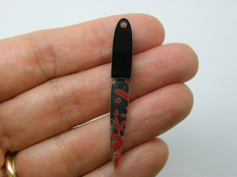 2 Bloody cooking knife charms red black silver acrylic HC168