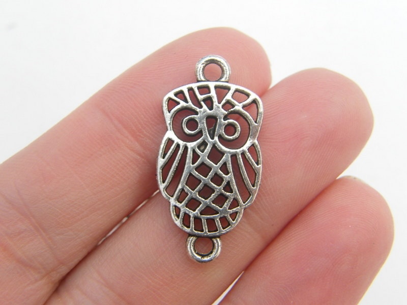 12 Owl connector charms antique silver tone B305
