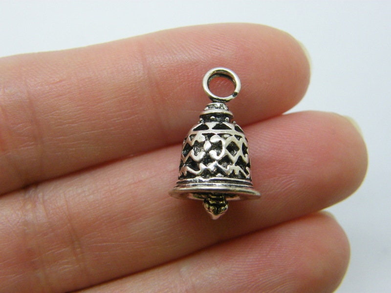 2 Bell pendants charms antique silver tone CT416