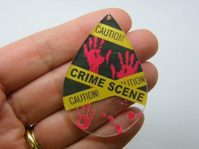 2 Crime scene tape bloody hand prints pendants black white red yellow acrylic HC1060