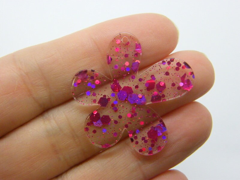 4 Flower pendants fuchsia pink glitter sequins clear acrylic F538