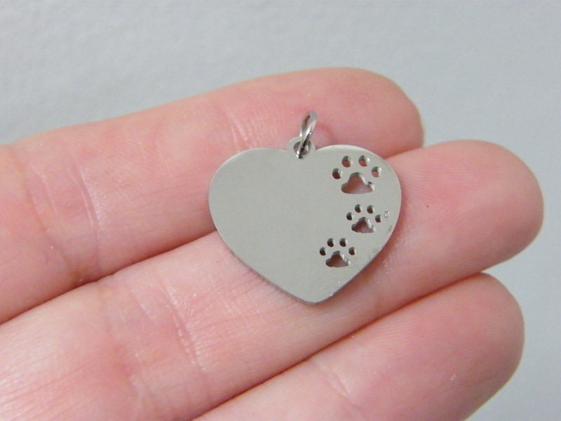 1 Paw print heart pendant silver stainless steel A472