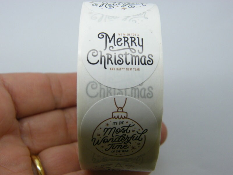 1 Roll Merry Christmas black white 500 stickers 08A