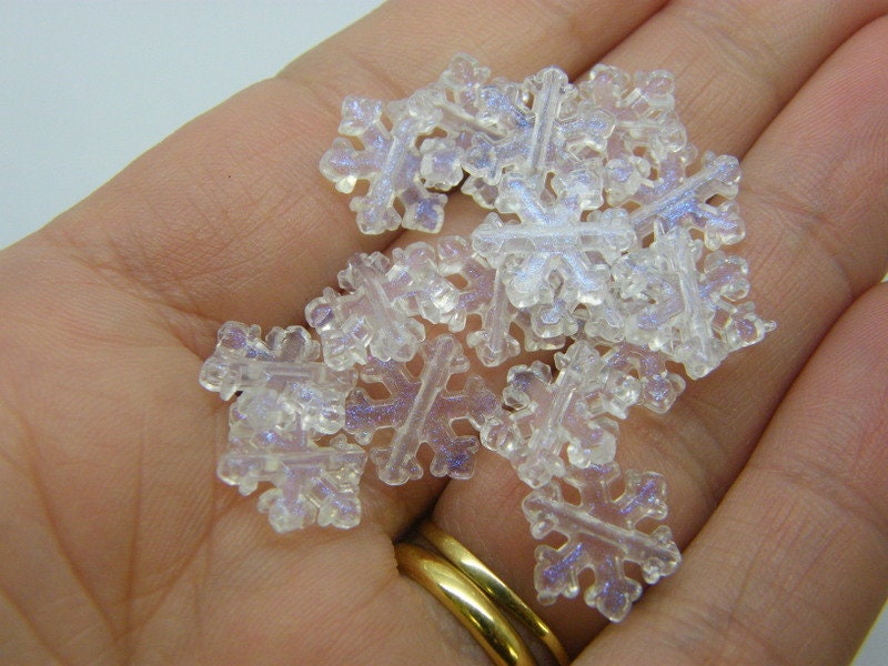 100 Snowflake beads clear glitter dust acrylic BB785