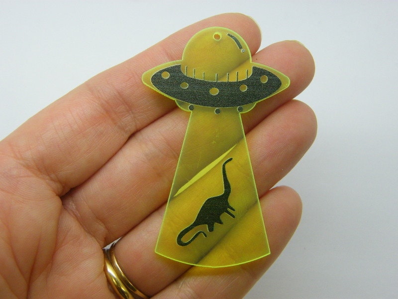 2 UFO dinosaur abduction pendants neon yellow black acrylic P355
