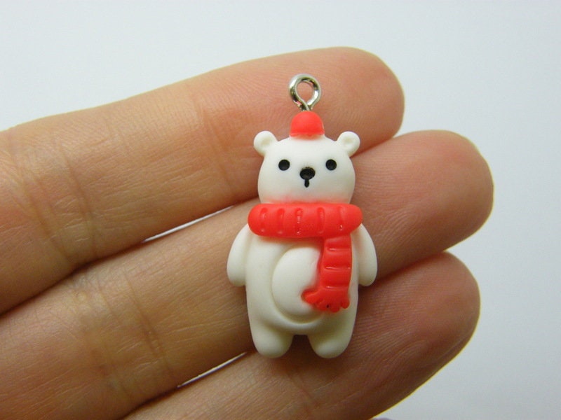 4 Bear Christmas charms white red resin CT414